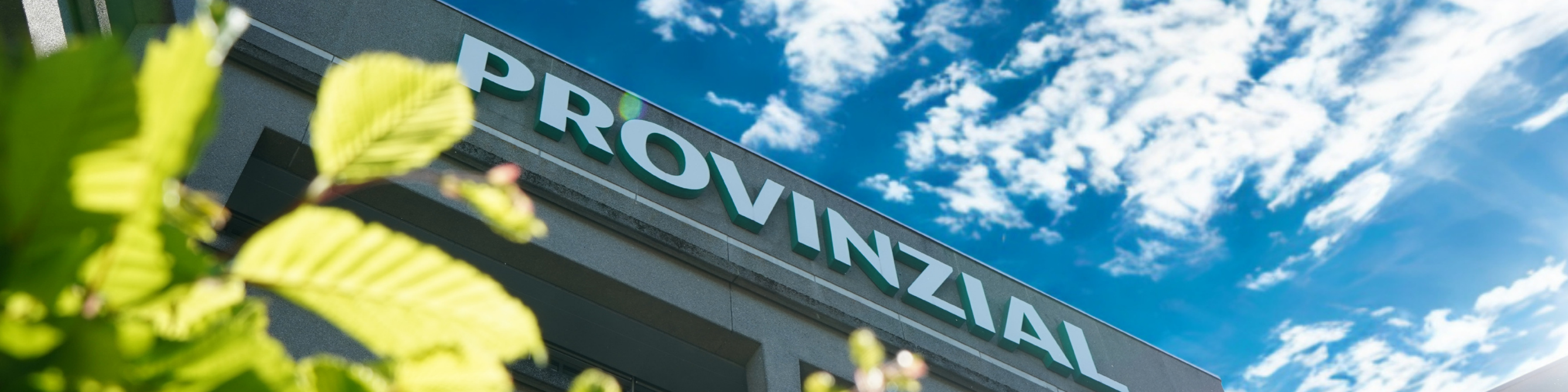 Blick von unten auf das Provinzial Logo am Gebäude in Münster