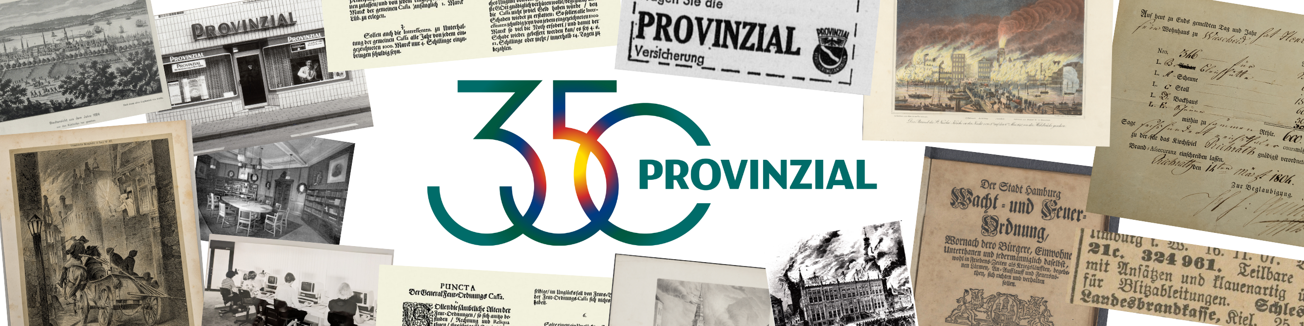 Collage mit verschiedenen historischen Dokumenten und Bildern mit Logo in der Mitte
