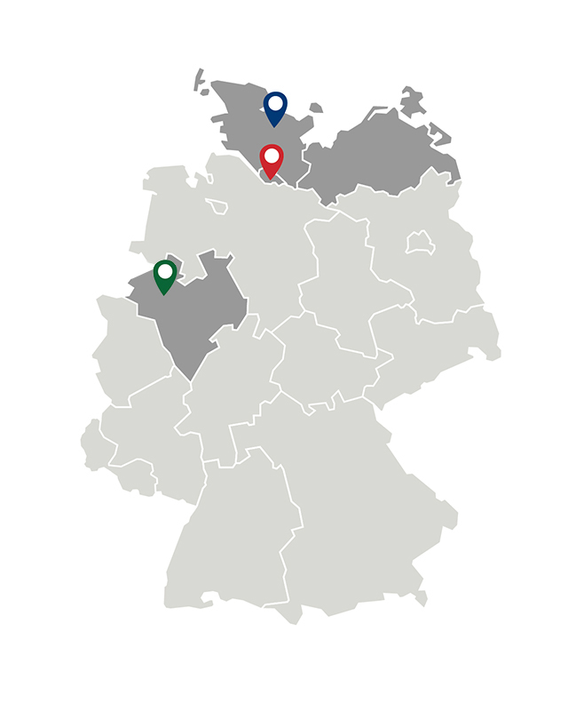 Deutschlandkarte mit den drei eingezeichneten Standorten