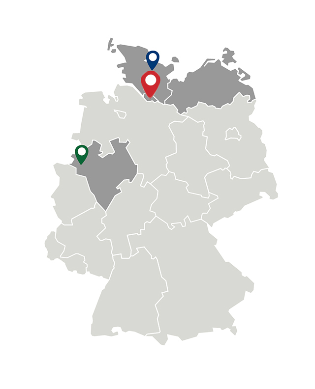 Deutschlandkarte mit den drei Standorten - HFK hervorgehoben