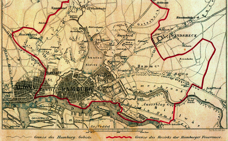 Gebietsgrenzen der Feuerkasse um 1840