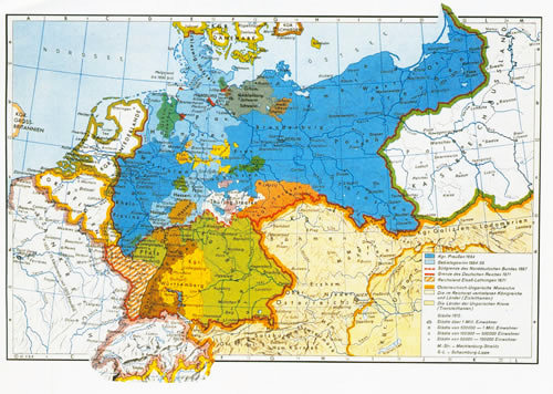 Der Einfluss Preußens auf Schleswig-Holstein: Königreich Preußen 1864 (dunkelblau), Gebietsgewinne 1864-66 (hellblau)