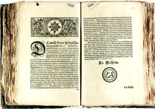 Das Gründungsdekret der ältesten Feuer-Sozietät in Westfalen, 1722, unterzeichnet von König Friedrich Wilhelm I.